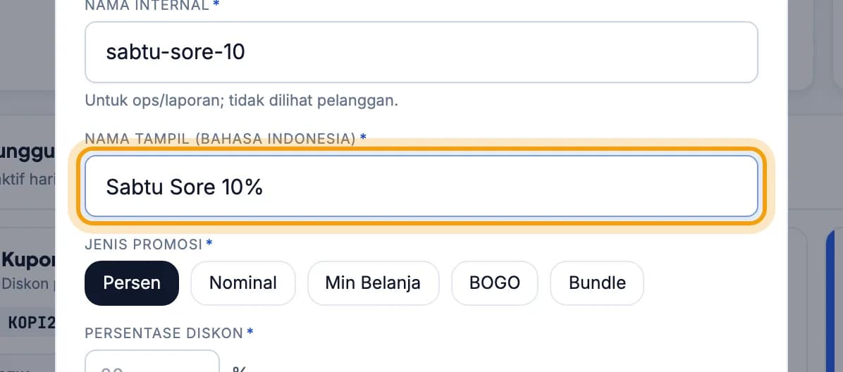 Formulir Diskon %, kolom Nama promo disorot