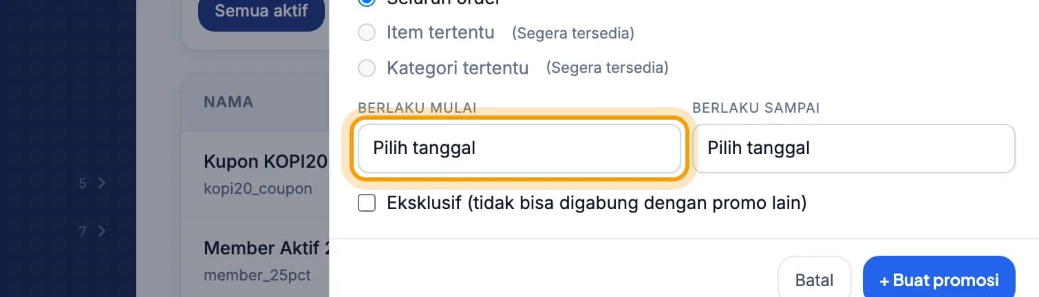 Bagian Kapan berlaku, pilihan Pilih tanggal disorot