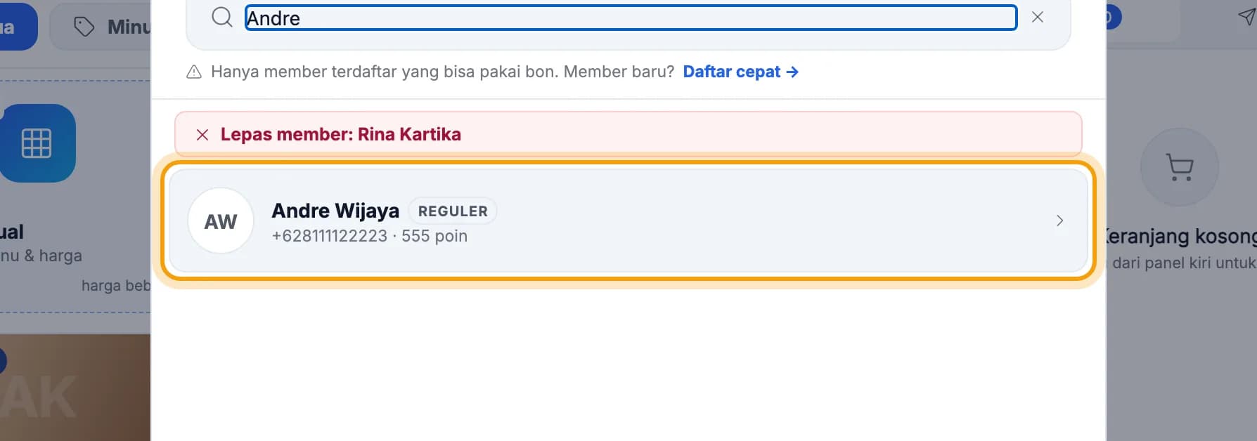 Hasil pencarian member, baris Andre Wijaya beserta poinnya disorot