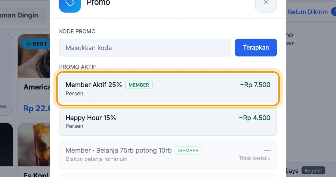 Daftar Promo aktif, promo Member Aktif 25% disorot