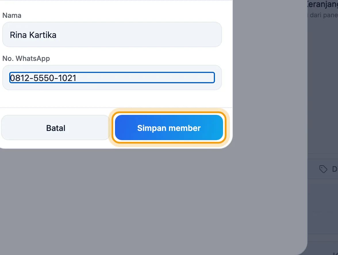 Formulir Daftar member baru, tombol Simpan member disorot