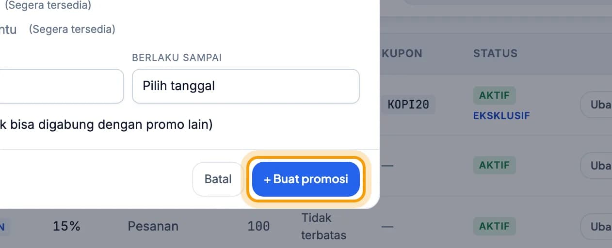 Tombol Buat promo di bawah formulir disorot