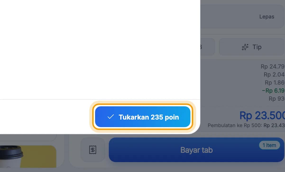 Panel Bayar dengan Poin Loyalitas, tombol Tukarkan 235 poin disorot