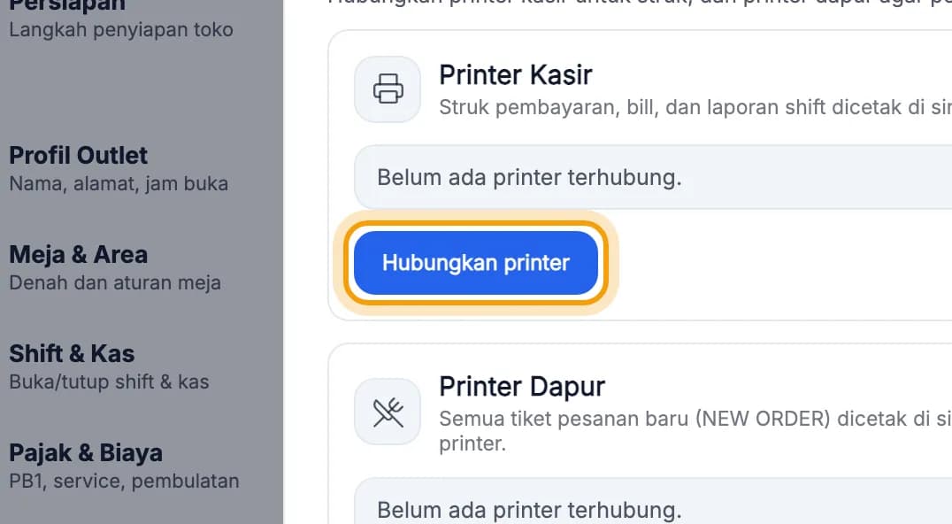 Kartu Printer Kasir, tombol Hubungkan printer disorot