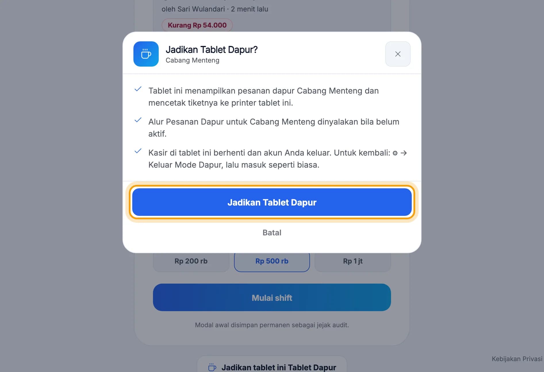 Pertanyaan Jadikan Tablet Dapur?, tombol Jadikan Tablet Dapur disorot