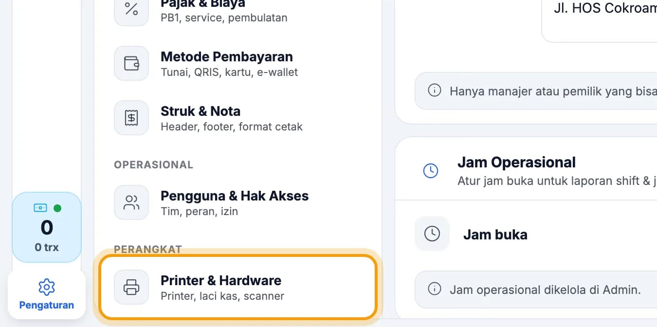 Daftar Pengaturan, Printer & Hardware disorot