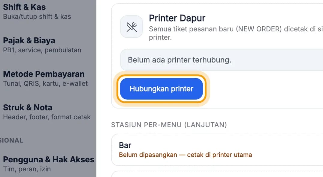 Kartu Printer Dapur, tombol Hubungkan printer disorot
