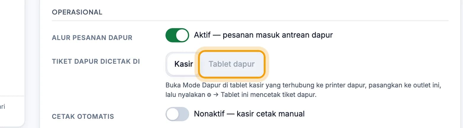 Kartu cabang di admin, pilihan Tablet dapur disorot