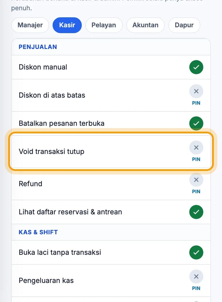 Hak Akses per Peran di web admin versi HP, peran Kasir, baris Void transaksi tutup dengan tanda PIN disorot