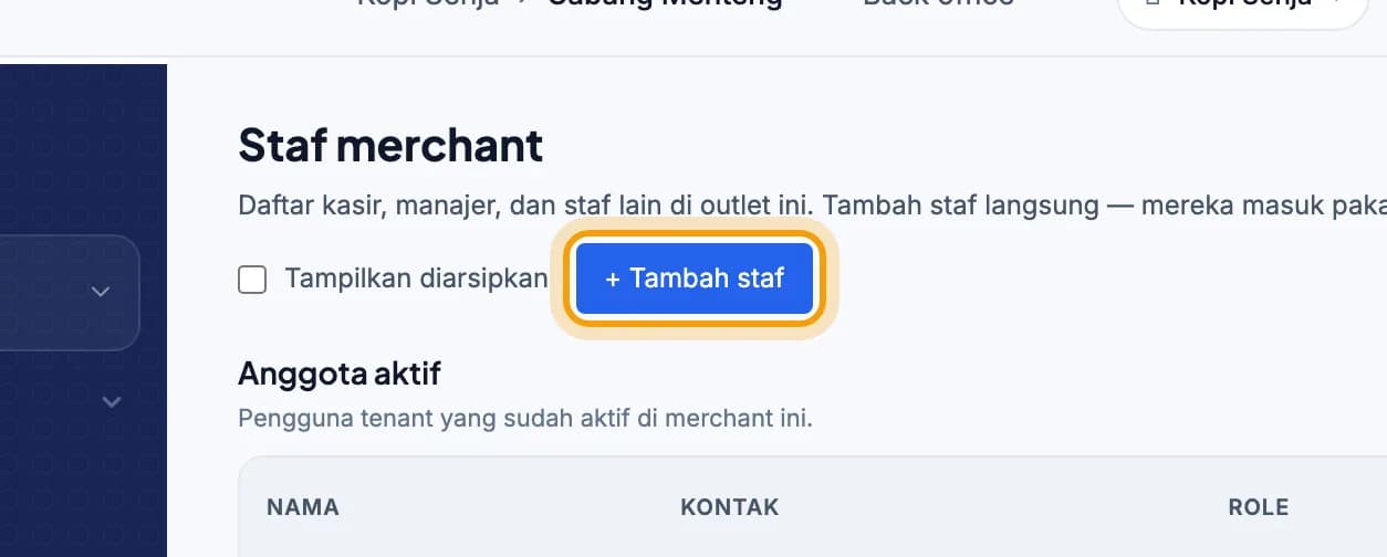 Halaman Staf merchant di web admin, tombol + Tambah staf disorot