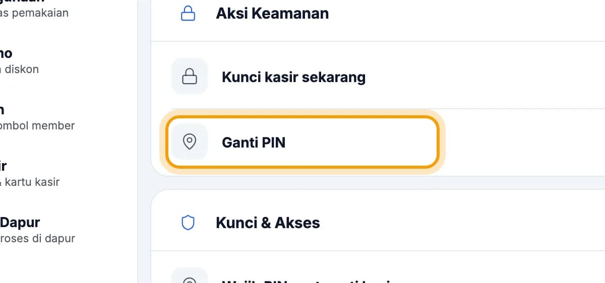 Halaman Keamanan, baris Ganti PIN disorot