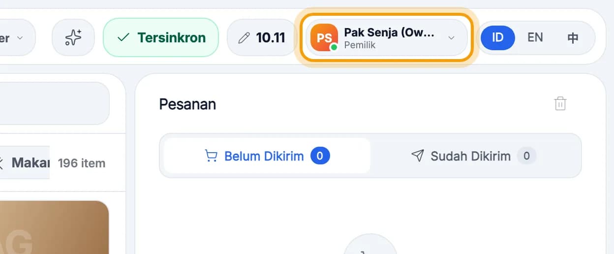 Bar atas kasir, nama pengguna yang sedang masuk disorot