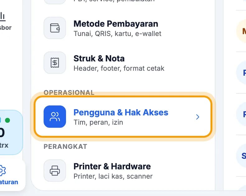 Menu Pengaturan di tablet, Pengguna & Hak Akses disorot