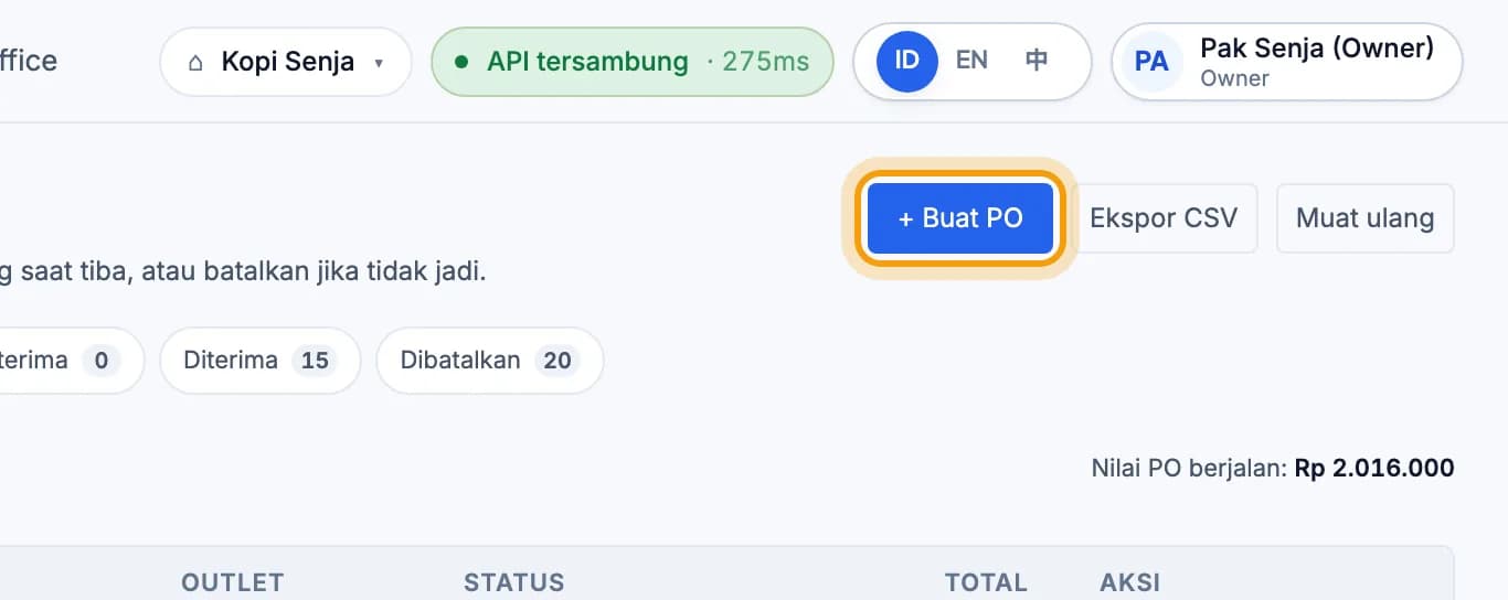 Halaman Purchase Order, tombol + Buat PO disorot