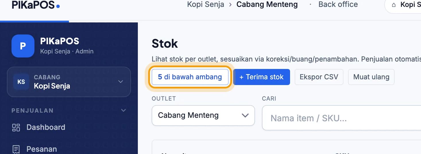Halaman Stok, tombol di bawah ambang disorot