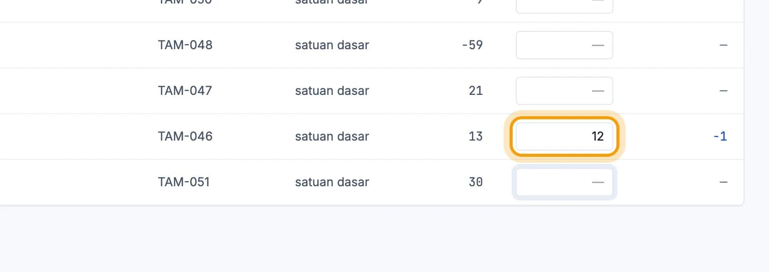 Tabel opname, kolom Dihitung diisi 1 kurang dari stok sistem dan disorot
