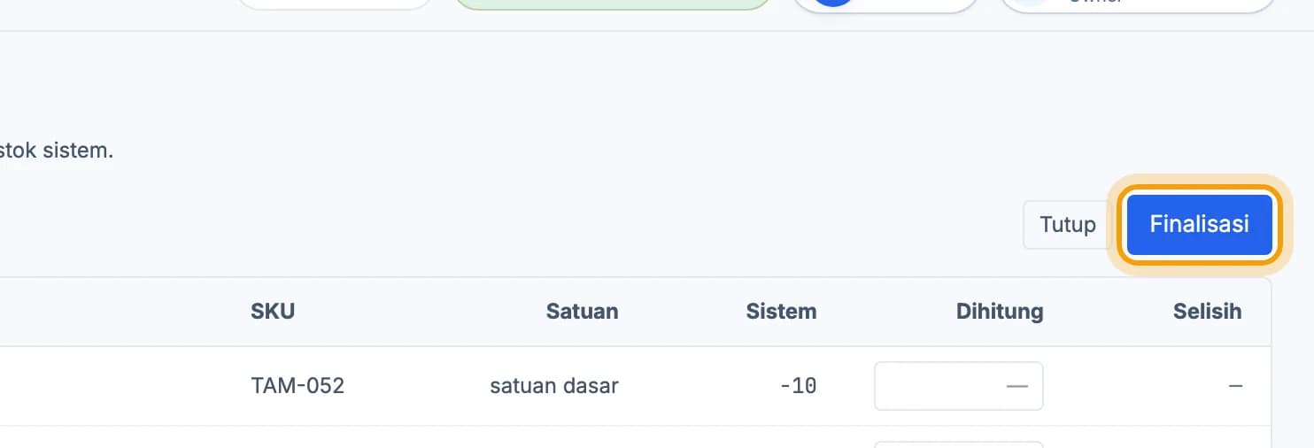Tombol Finalisasi di kanan atas opname disorot