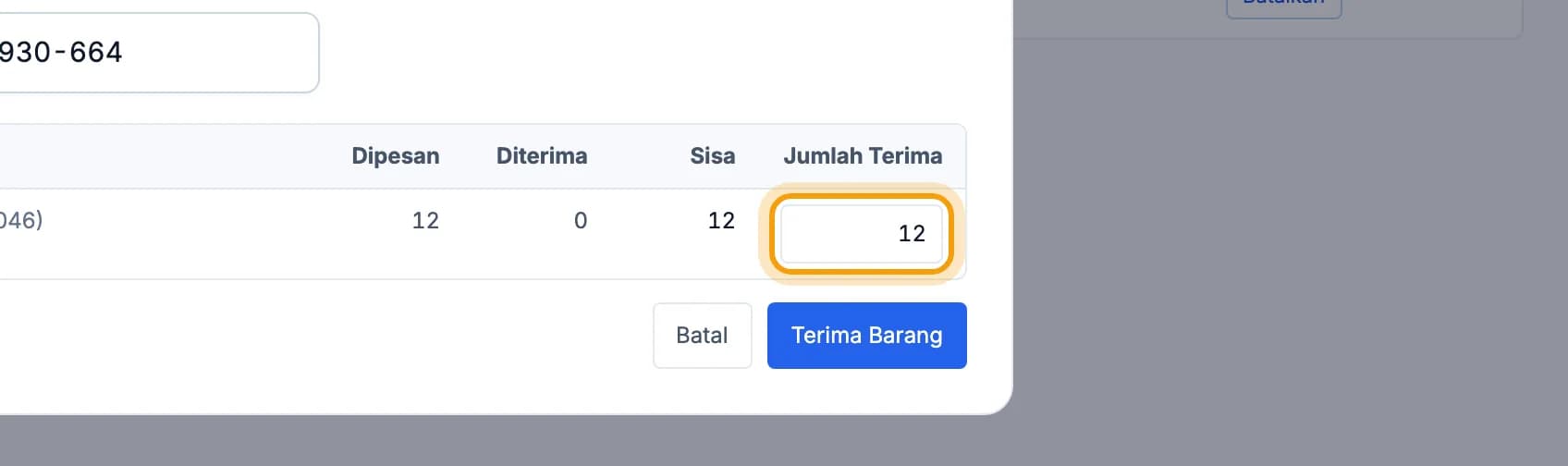 Jendela Terima Barang dari PO, kolom Jumlah Terima disorot