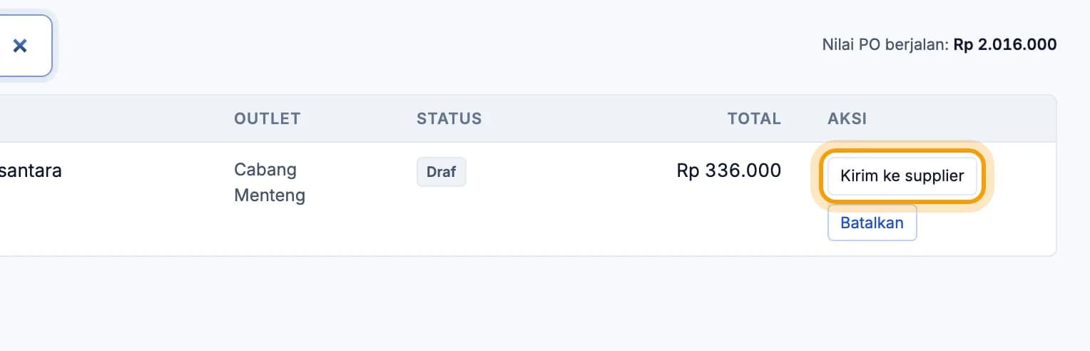 Baris PO di daftar, tombol Tandai terkirim disorot