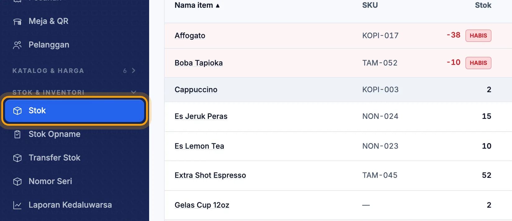 Menu kiri Back Office, menu Stok disorot