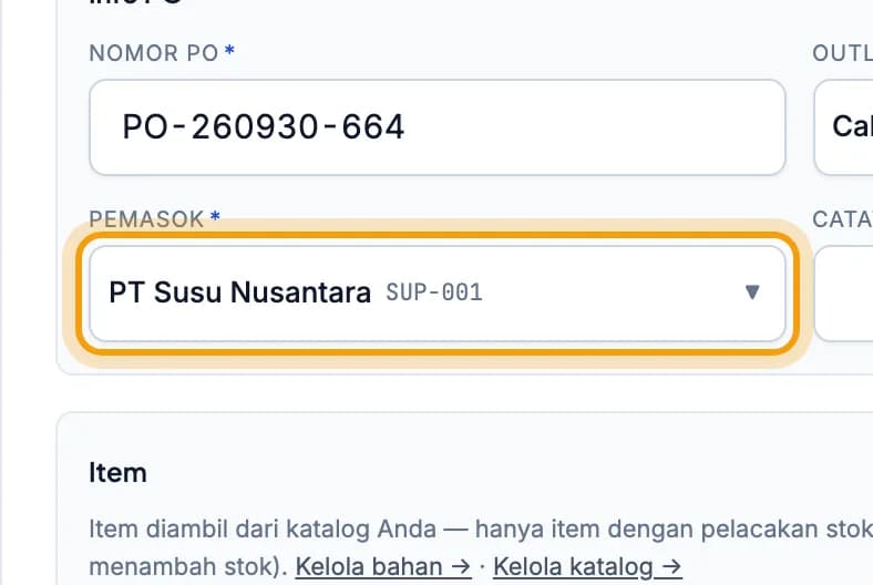 Formulir PO baru, pilihan Pemasok berisi PT Susu Nusantara disorot