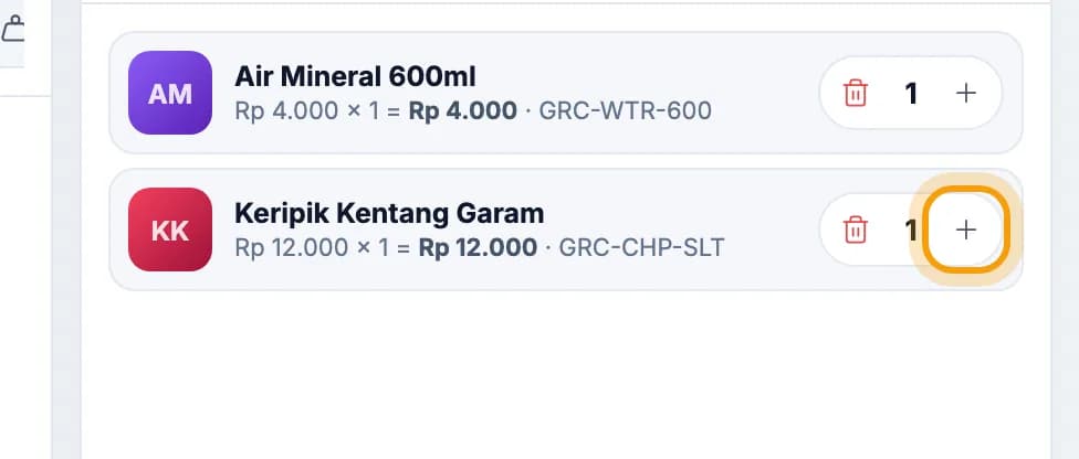 Keripik Kentang Garam 购物车行,加数量按钮被标出