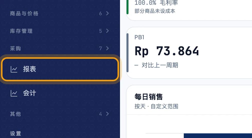 管理后台左侧菜单,报表被圈出