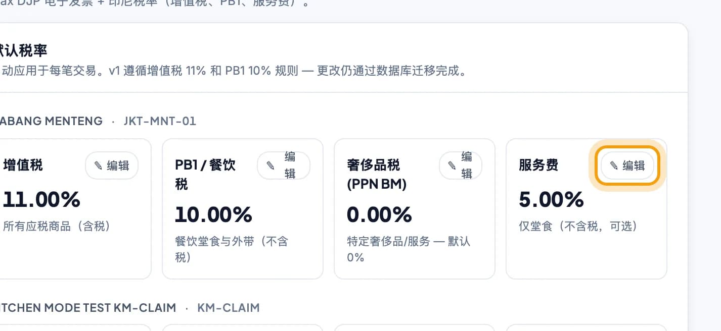 网页后台按门店显示的税率卡片,服务费上的编辑按钮已圈出