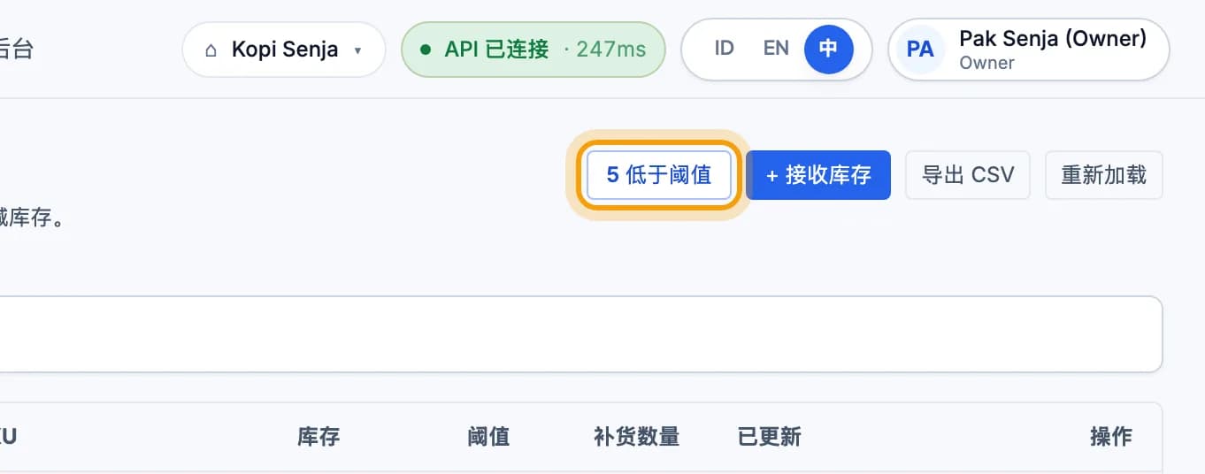 库存页面,低于阈值按钮被圈出