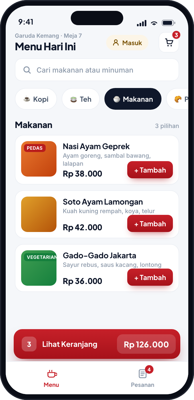 Menu QR self-order pelanggan PIKaPOS